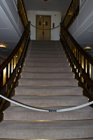 Grand staircase inside the berthed royal yacht HMV Britannia, co