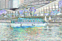 Colorful river cruise boat in Singapore with visitors inside and