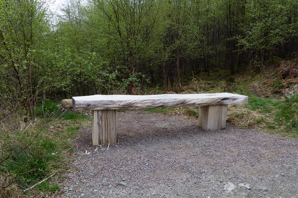 A long stone section over wooden stumps forming a rough sitting