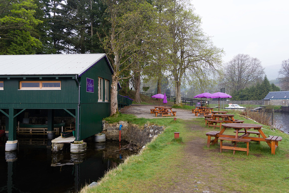 Ashish Agarwal: Scotland &emdash; Boat yard and tables on the shore of Loch Ness in Scotland